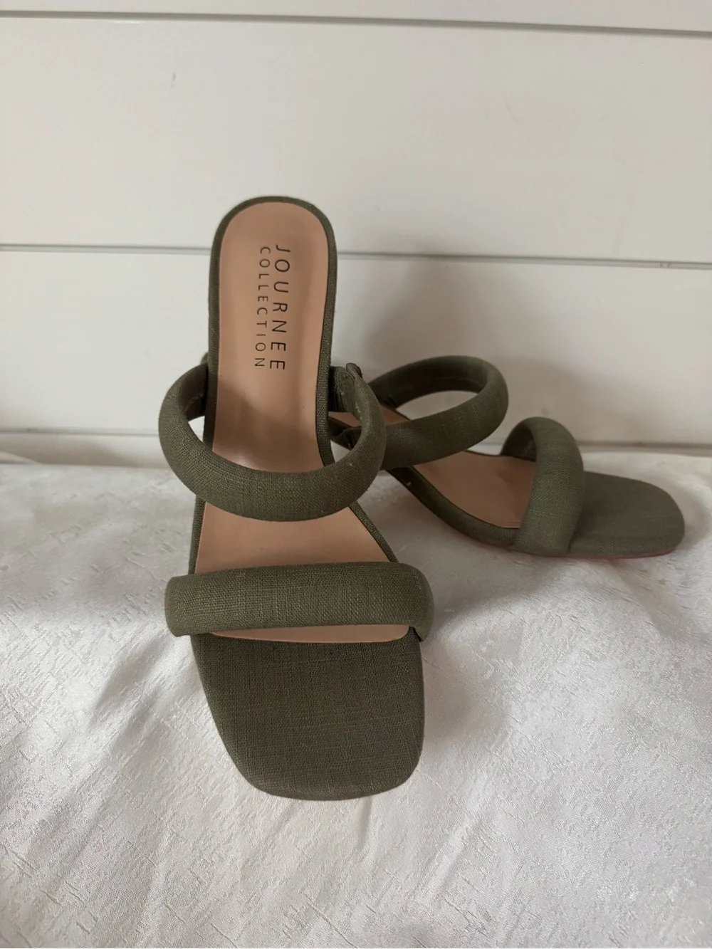 Journee Collection Olive Green Linen Puff Double-Strap Round Block Heel